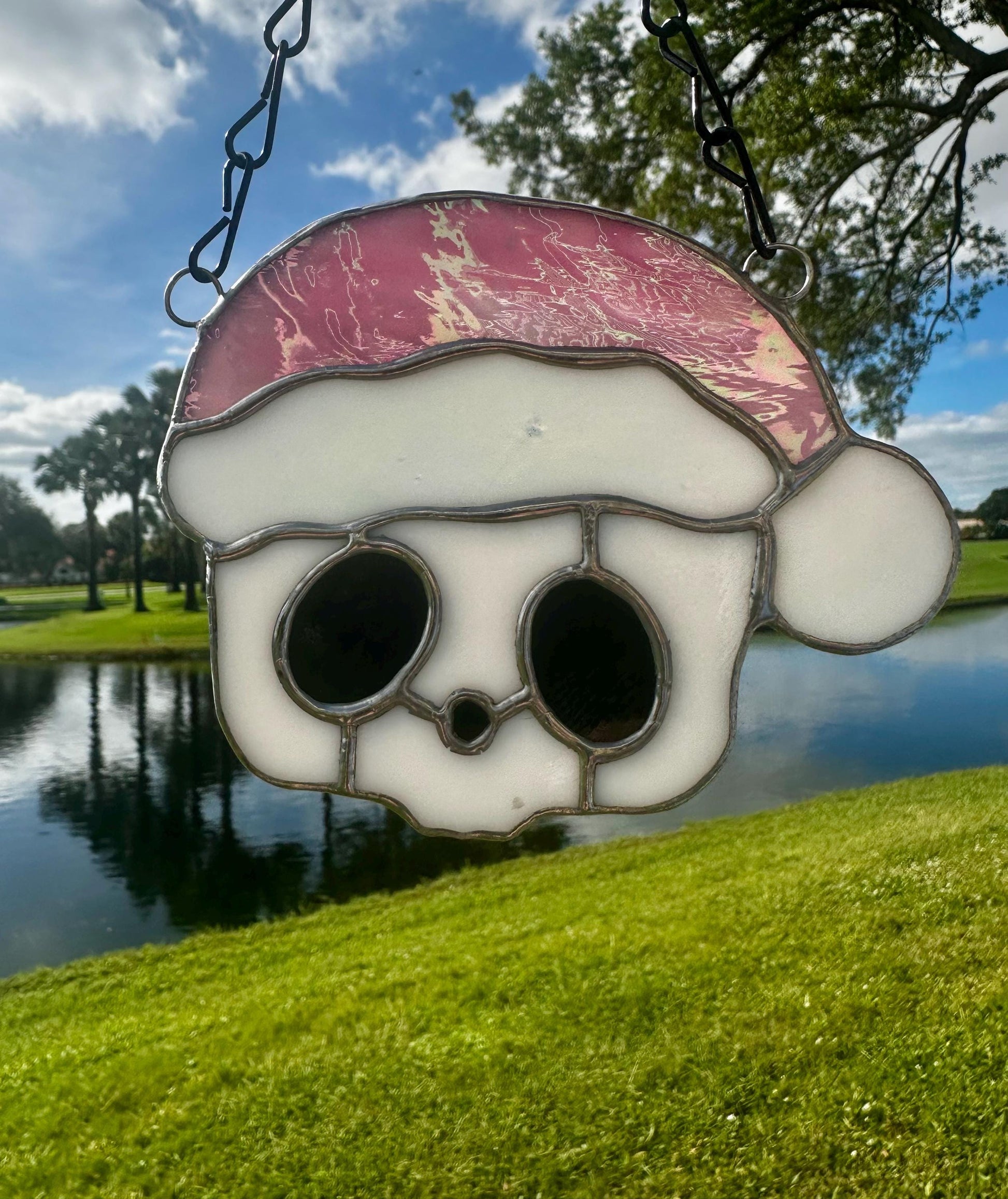 Pink Santa Skull Stained Glass – Gothic Christmas Suncatcher | Creepy Cute Holiday Decor