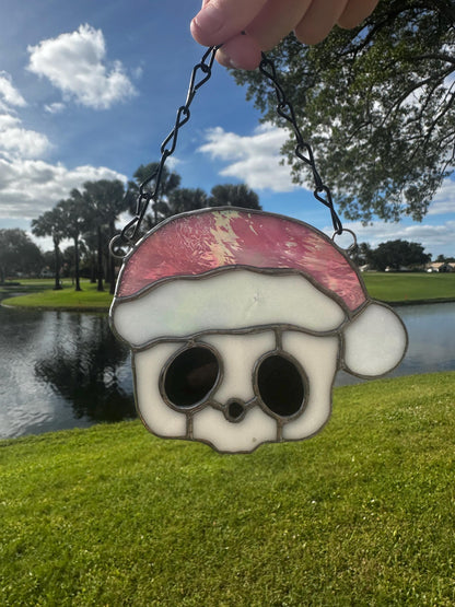 Pink Santa Skull Stained Glass – Gothic Christmas Suncatcher | Creepy Cute Holiday Decor