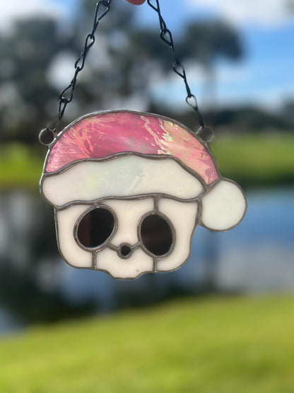 Pink Santa Skull Stained Glass – Gothic Christmas Suncatcher | Creepy Cute Holiday Decor