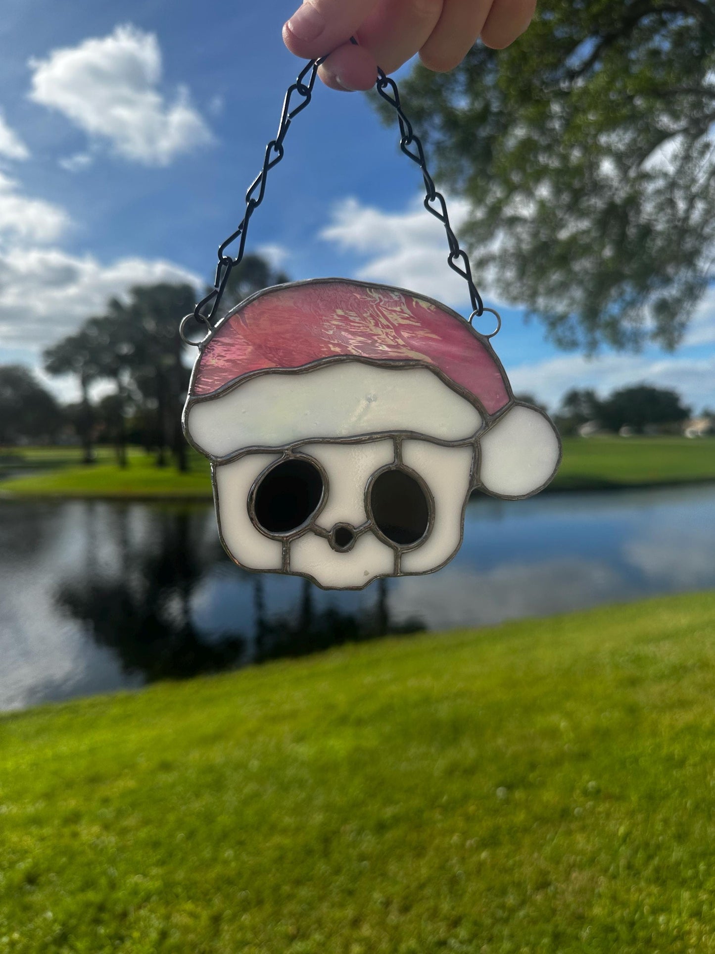 Pink Santa Skull Stained Glass – Gothic Christmas Suncatcher | Creepy Cute Holiday Decor