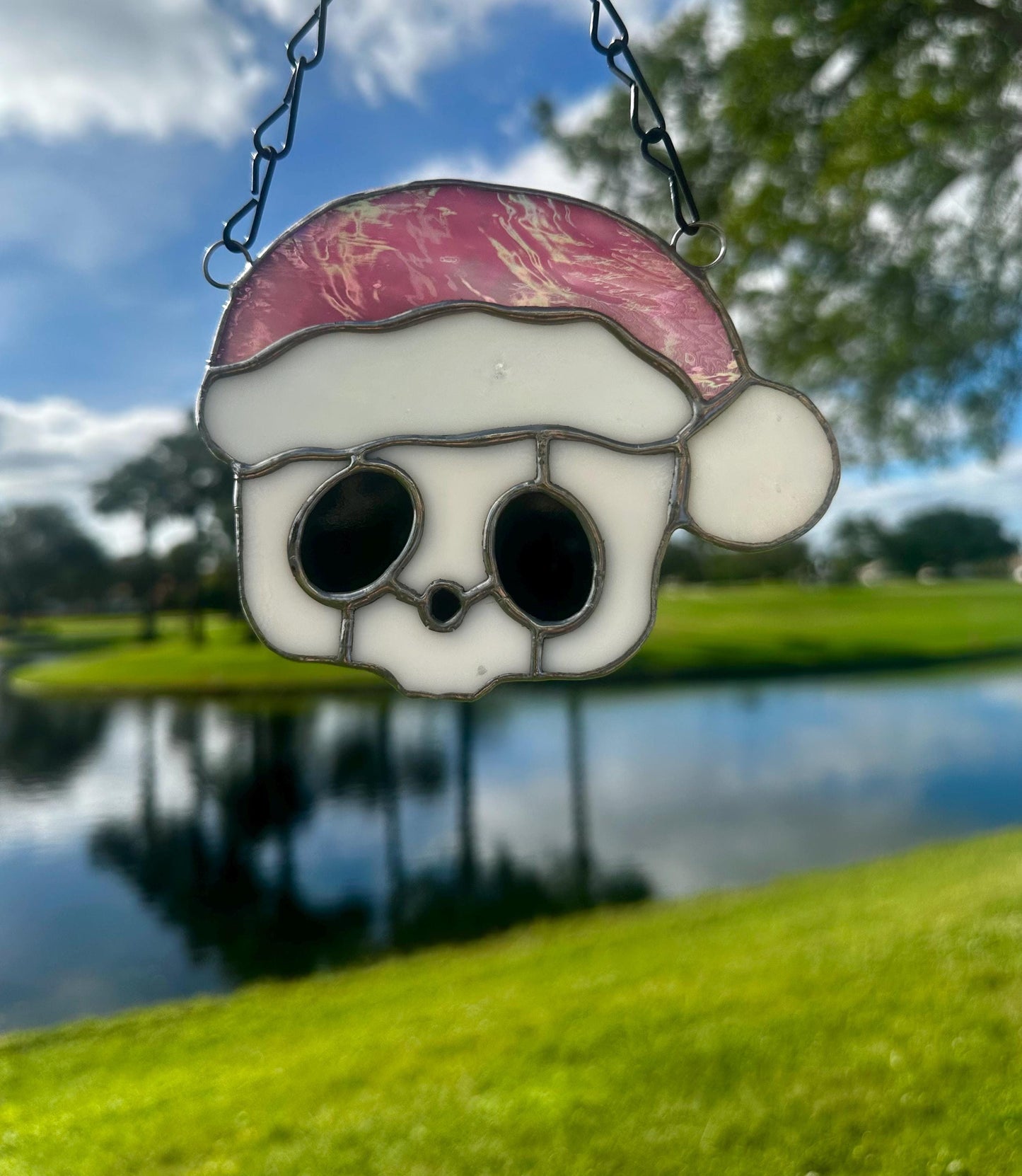 Pink Santa Skull Stained Glass – Gothic Christmas Suncatcher | Creepy Cute Holiday Decor