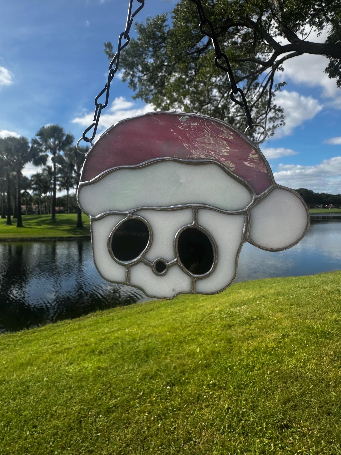 Pink Santa Skull Stained Glass – Gothic Christmas Suncatcher | Creepy Cute Holiday Decor
