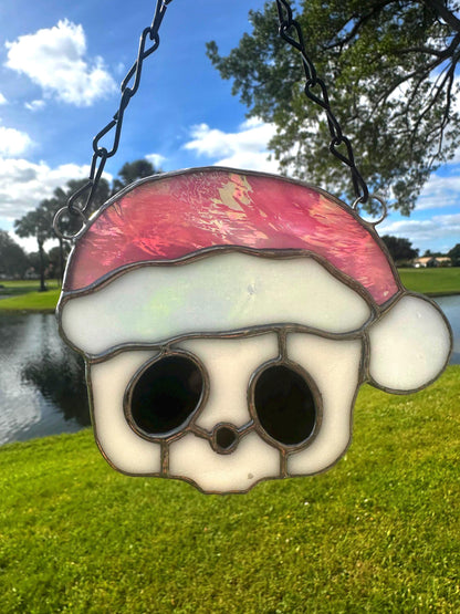 Pink Santa Skull Stained Glass – Gothic Christmas Suncatcher | Creepy Cute Holiday Decor