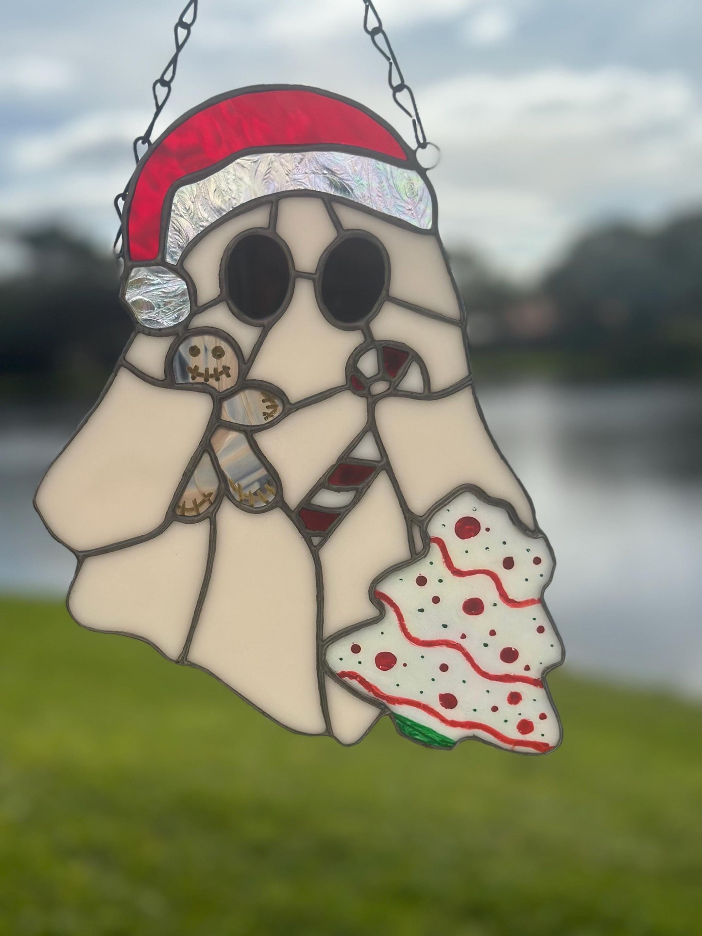 Christmas Ghost Stained Glass – Gothic Holiday Suncatcher, Creepy Cute Christmas Window Decor