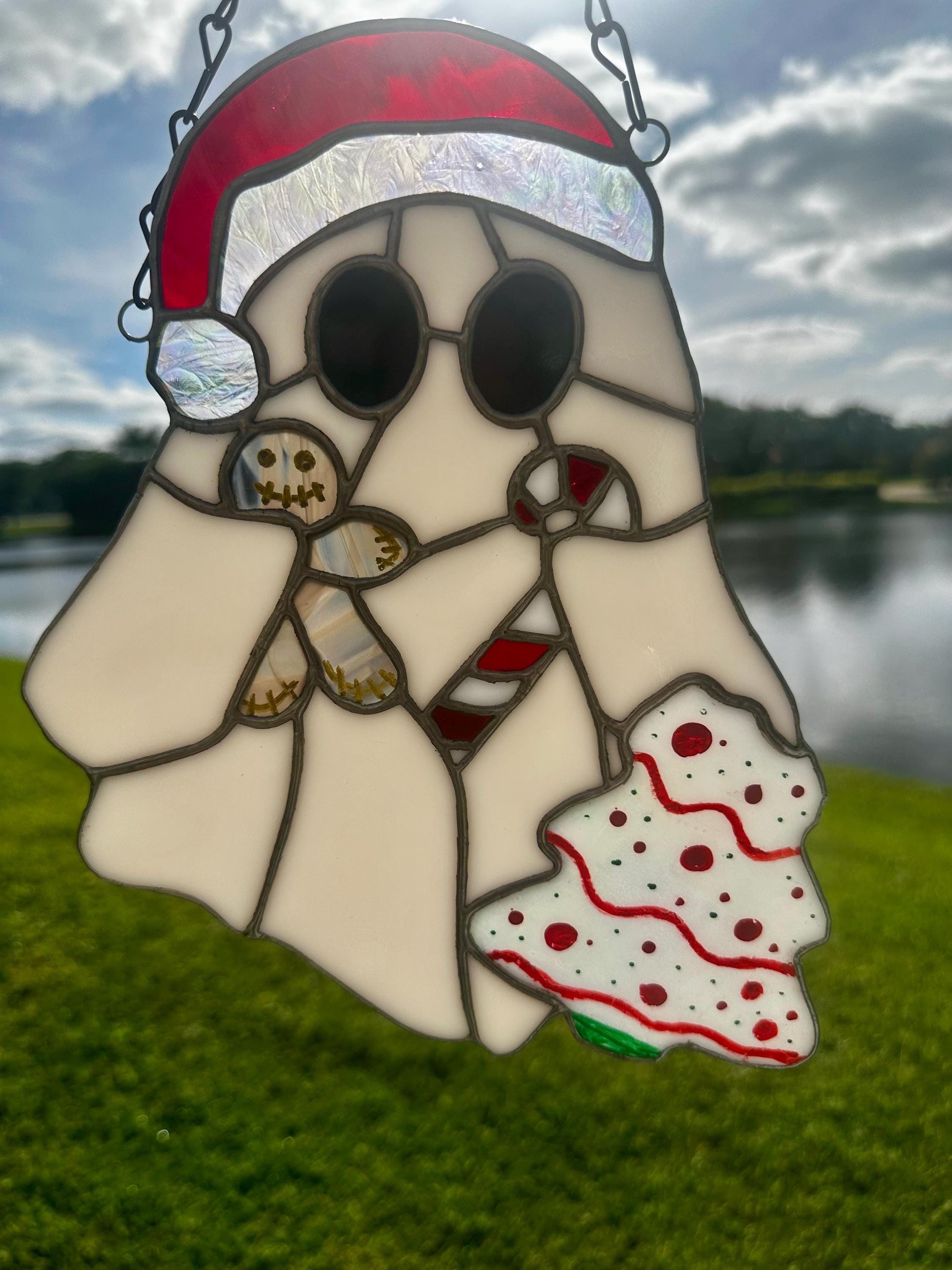 Christmas Ghost Stained Glass – Gothic Holiday Suncatcher, Creepy Cute Christmas Window Decor