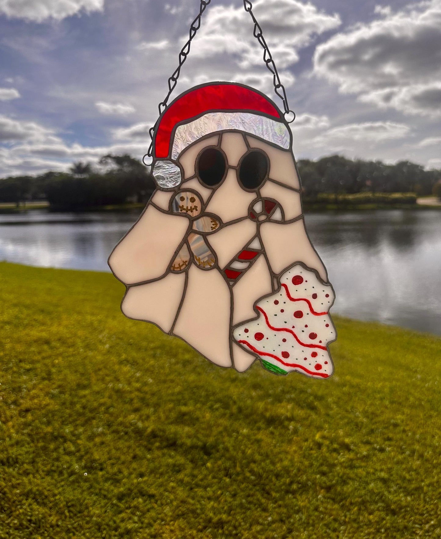 Christmas Ghost Stained Glass – Gothic Holiday Suncatcher, Creepy Cute Christmas Window Decor