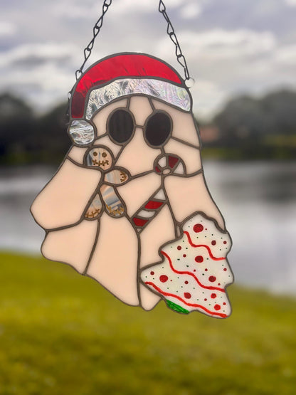 Christmas Ghost Stained Glass – Gothic Holiday Suncatcher, Creepy Cute Christmas Window Decor
