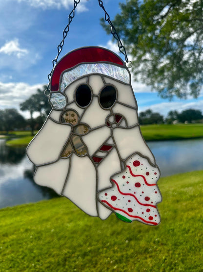 Christmas Ghost Stained Glass – Gothic Holiday Suncatcher, Creepy Cute Christmas Window Decor