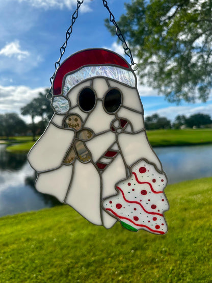 Christmas Ghost Stained Glass – Gothic Holiday Suncatcher, Creepy Cute Christmas Window Decor