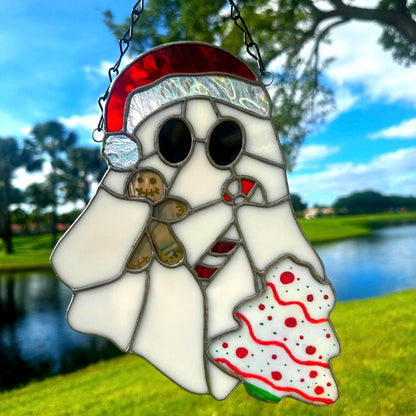 Christmas Ghost Stained Glass – Gothic Holiday Suncatcher, Creepy Cute Christmas Window Decor