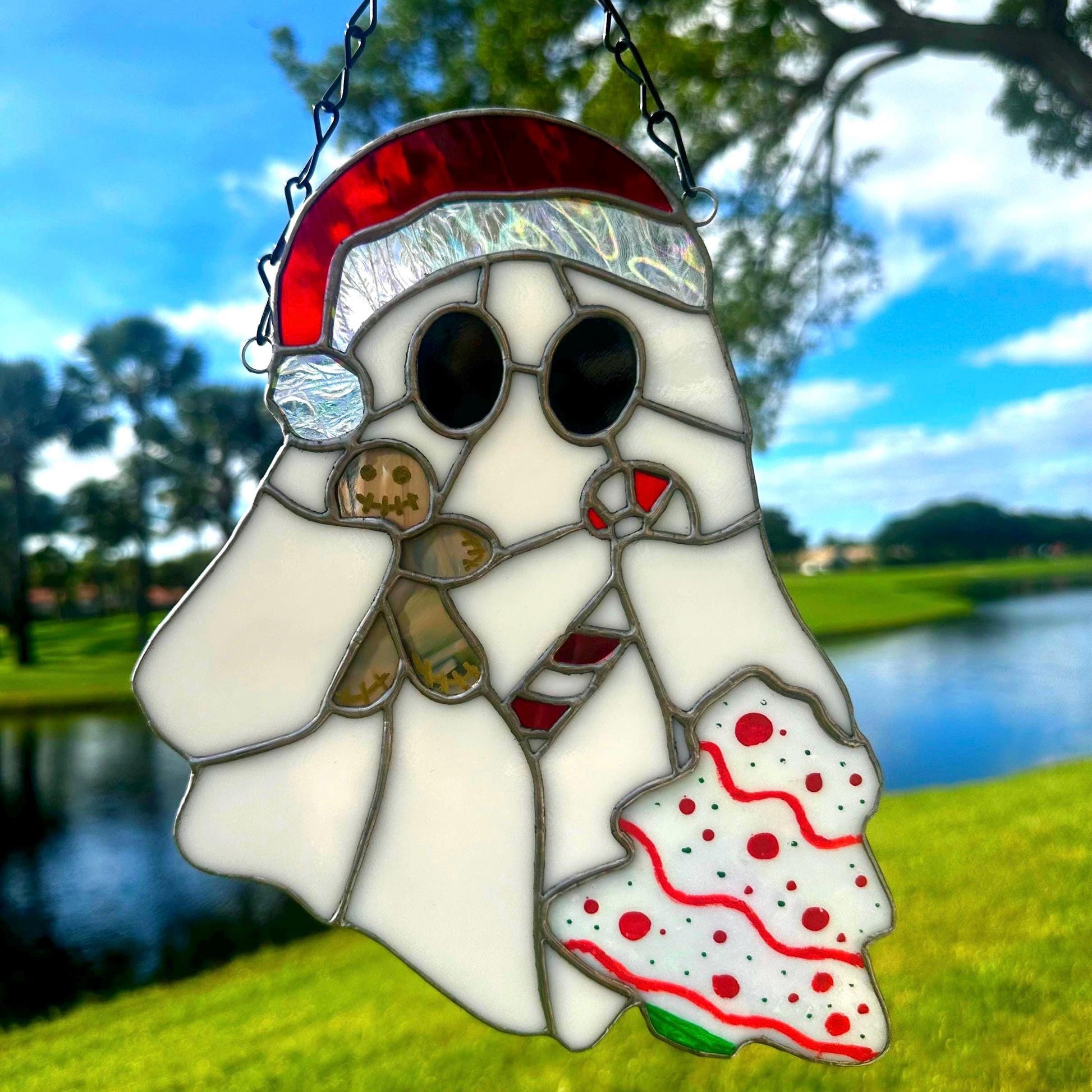 Christmas Ghost Stained Glass – Gothic Holiday Suncatcher, Creepy Cute Christmas Window Decor