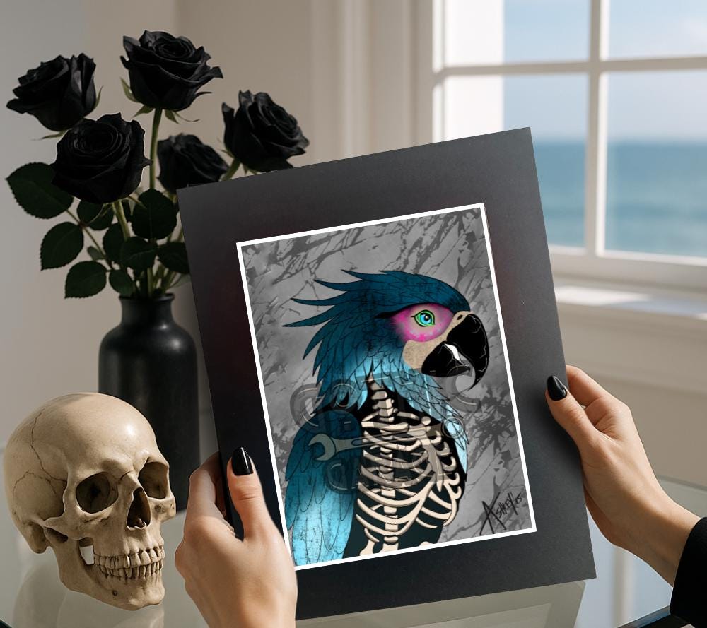 Skeleton Parrot Art Print – Gothic Bird Wall Art, Spooky Tropical Decor