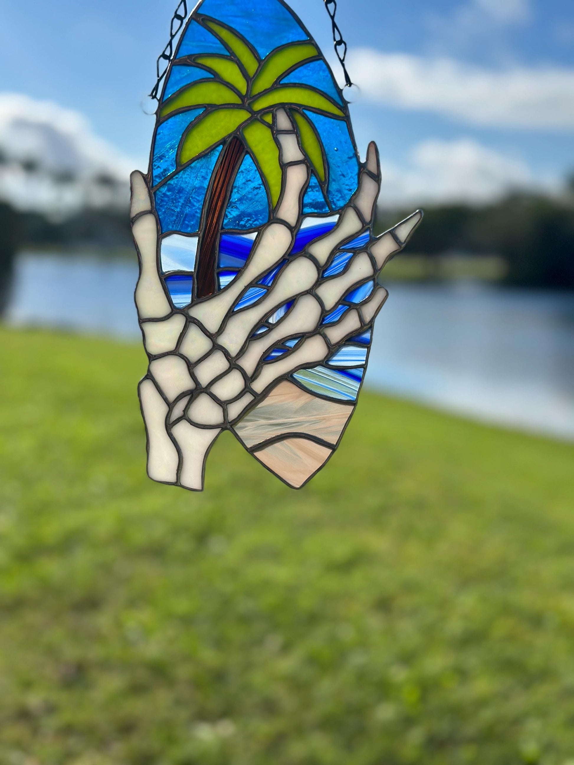 Skeleton Hand & Palm Tree Stained Glass Sun Catcher – Tropical Gothic Window Art
