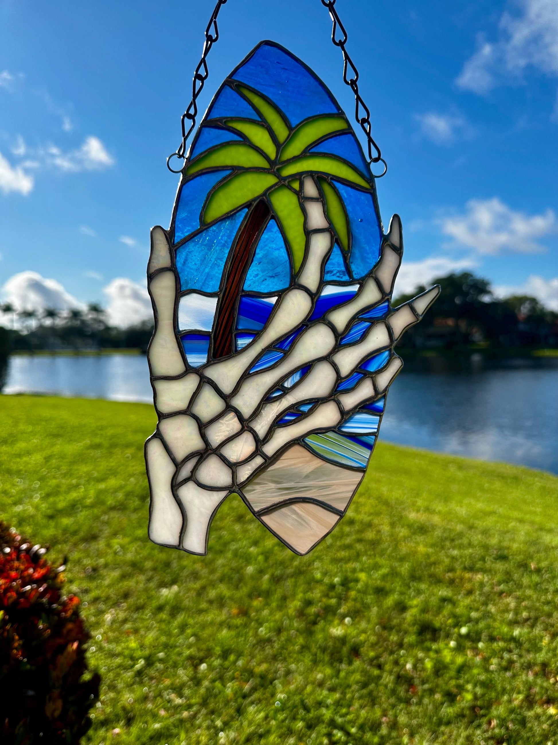 Skeleton Hand & Palm Tree Stained Glass Sun Catcher – Tropical Gothic Window Art