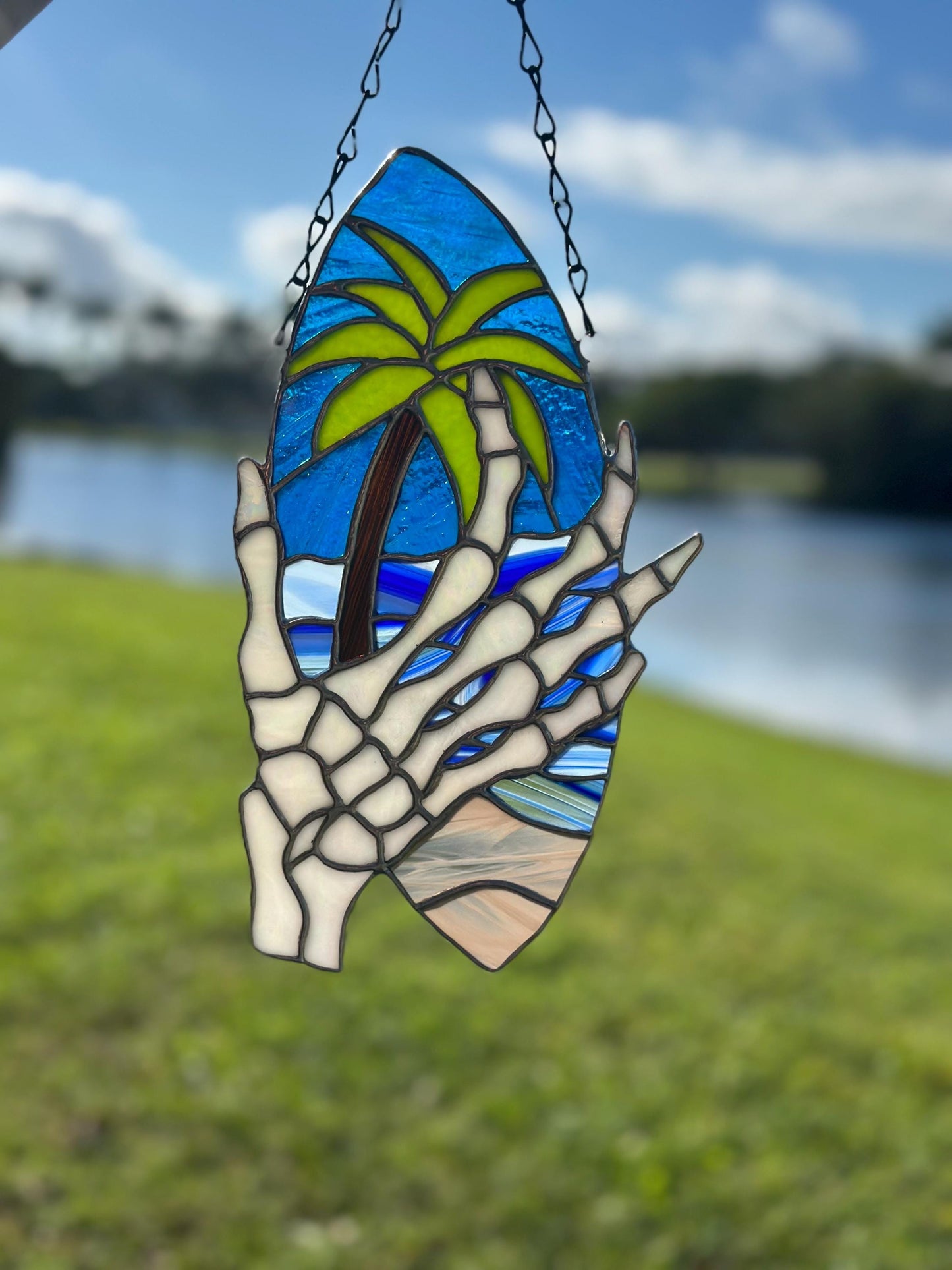 Skeleton Hand & Palm Tree Stained Glass Sun Catcher – Tropical Gothic Window Art
