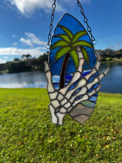 Skeleton Hand & Palm Tree Stained Glass Sun Catcher – Tropical Gothic Window Art
