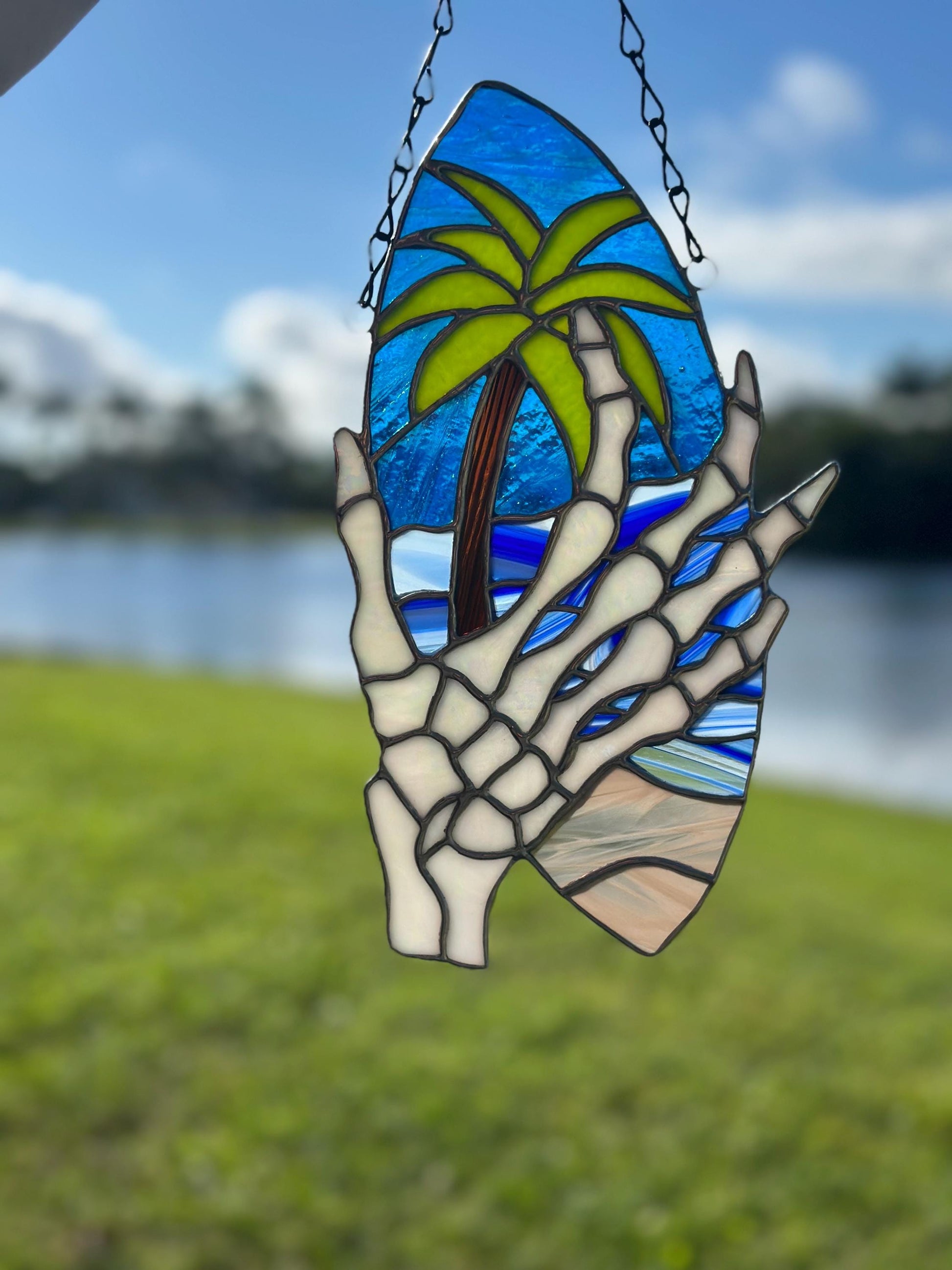 Skeleton Hand & Palm Tree Stained Glass Sun Catcher – Tropical Gothic Window Art