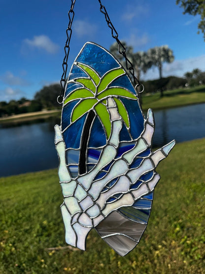 Skeleton Hand & Palm Tree Stained Glass Sun Catcher – Tropical Gothic Window Art