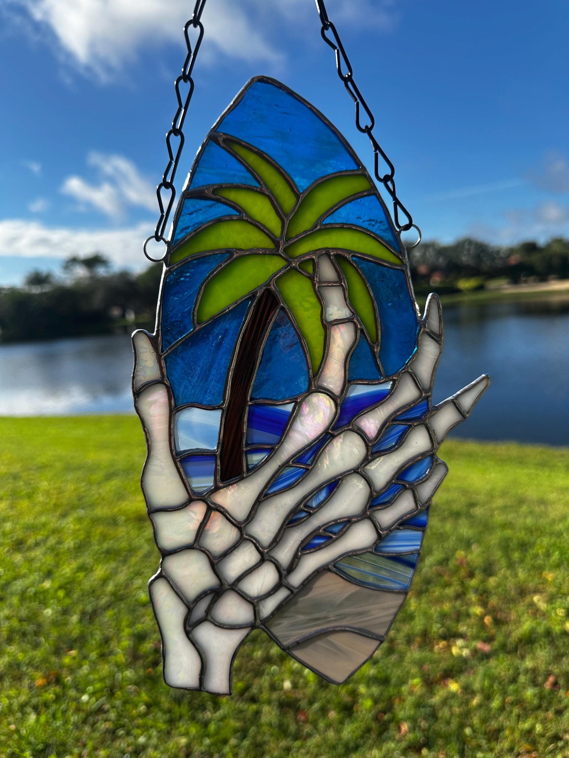 Skeleton Hand & Palm Tree Stained Glass Sun Catcher – Tropical Gothic Window Art