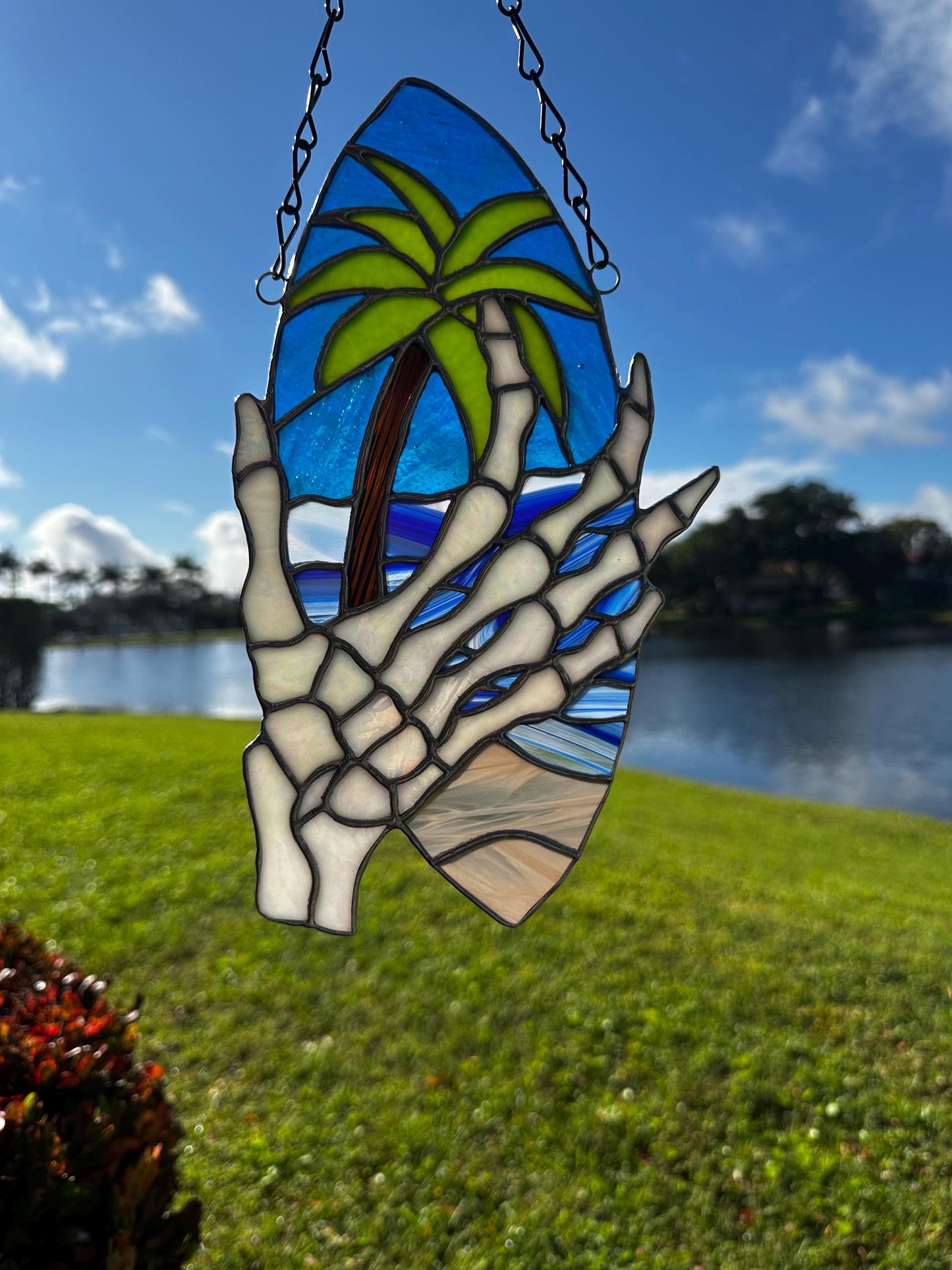 Skeleton Hand & Palm Tree Stained Glass Sun Catcher – Tropical Gothic Window Art