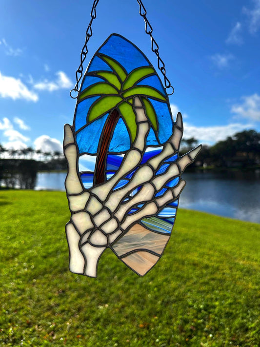 Skeleton Hand & Palm Tree Stained Glass Sun Catcher – Tropical Gothic Window Art