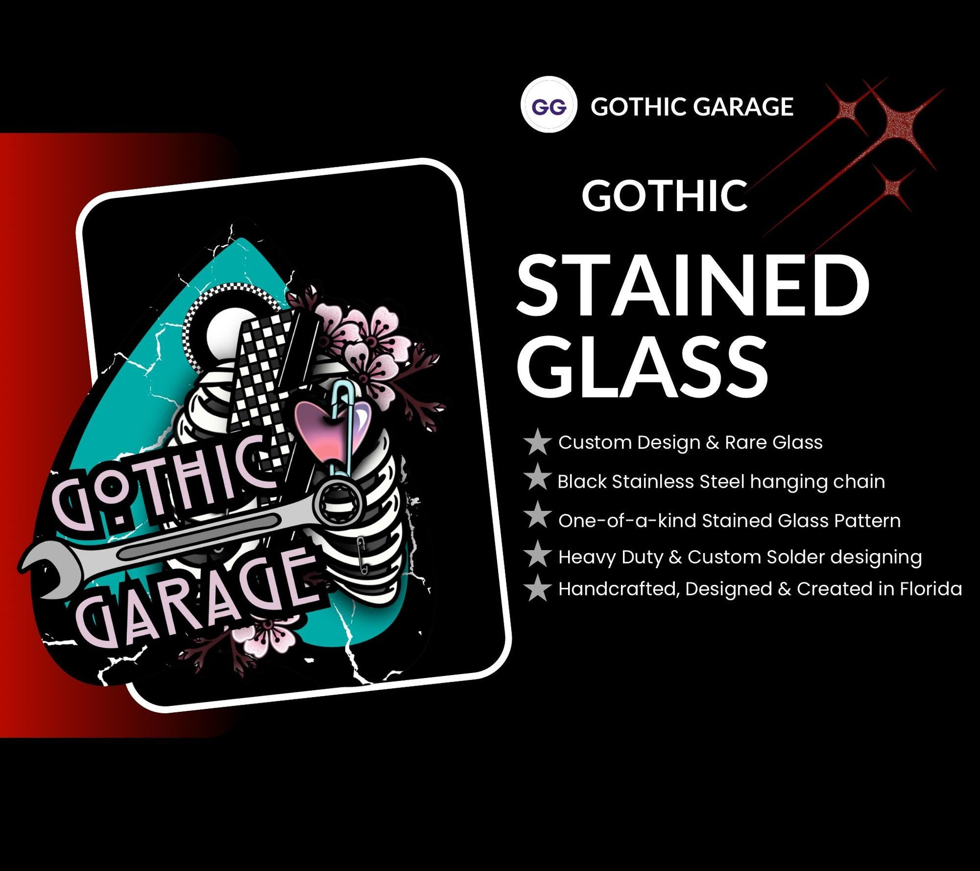 Punk Cherry Stained Glass Panel – Goth Rockabilly Window Art