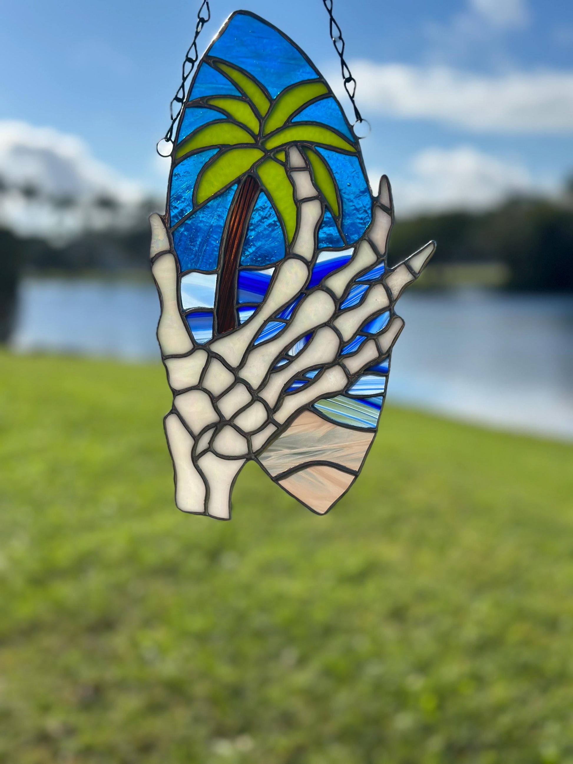 Skeleton Hand & Palm Tree Stained Glass Sun Catcher – Tropical Gothic Window Art