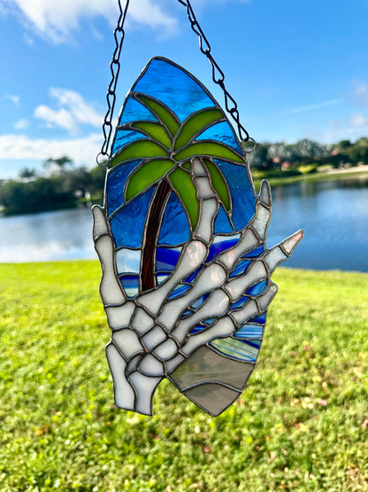 Skeleton Hand & Palm Tree Stained Glass Sun Catcher – Tropical Gothic Window Art
