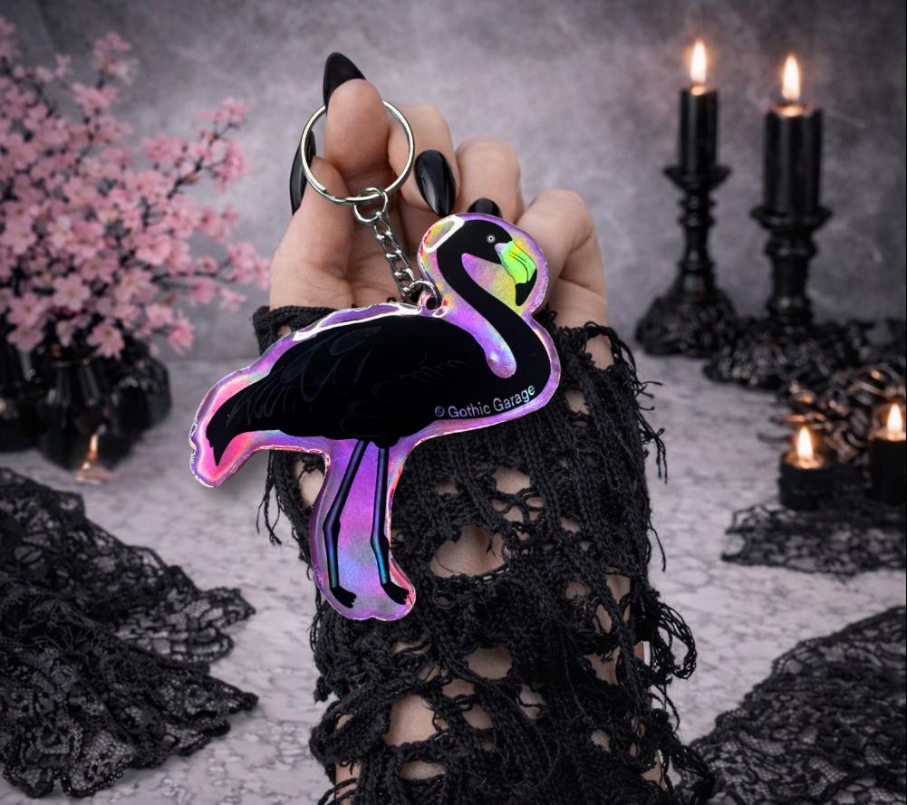 Gothic Black Flamingo Keychain: Holographic Acrylic Alt Accessory