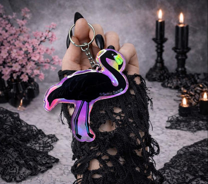 Gothic Black Flamingo Keychain: Holographic Acrylic Alt Accessory