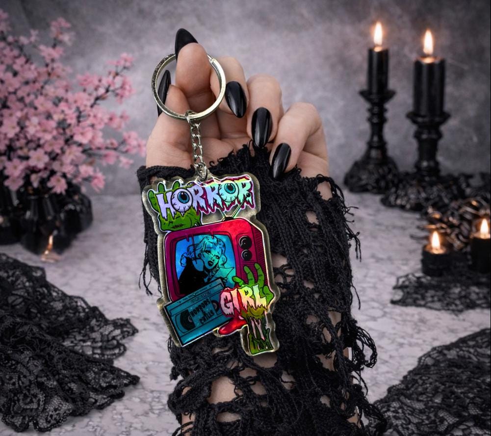 Horror Girl Keychain – Holographic Resin Acrylic Key Ring for Spooky Bags & Horror Fans