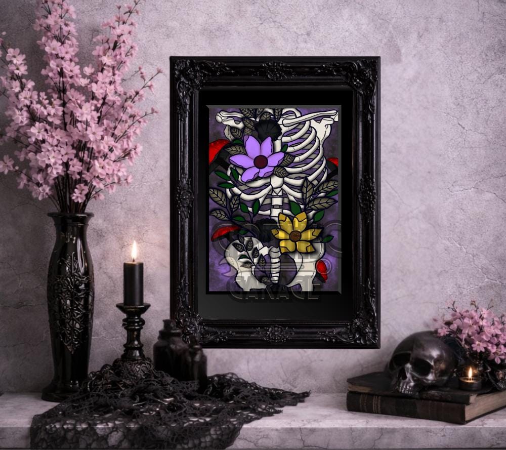 Floral Skeleton Art Print – Gothic Botanical Decor, Dark Anatomy Wall Art, 8x6 or 11x14