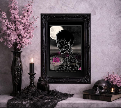 Moonlight Skeleton Lotus Art Print – Gothic Harmony Wall Decor, 8×6 or 11×14 Matted