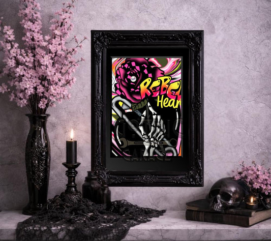 Rebel Heart Gothic Art Print – Punk Skeleton Hand with Rose, 8x6 or 11x14 Matted