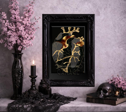 Black & Gold Anatomical Heart Art Print – Gothic Wall Decor for Dark Romantic Homes