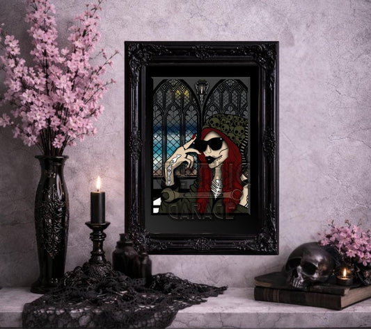 Gothic Skeleton Girl Art Print – Alt Church Scene Wall Art, 8x6 or 11x14 Matted Decor