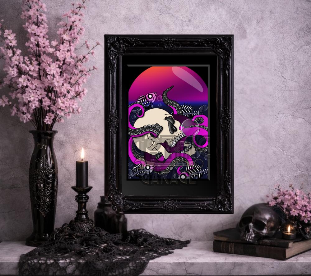 Neon Skull Octopus Art Print – Gothic Deep Sea Horror Wall Art with Tentacles & Skeleton Fish
