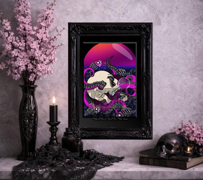 Neon Skull Octopus Art Print – Gothic Deep Sea Horror Wall Art with Tentacles & Skeleton Fish