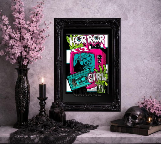Horror Girl Art Print – Retro Slasher Girl Pop Art with VHS, TV & Zombie Hand | Gothic Wall Decor