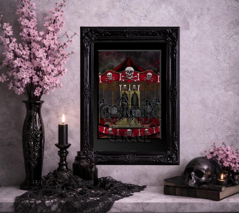 Skeleton Carousel Art Print – Gothic Dark Carnival Wall Decor with Skull Horses