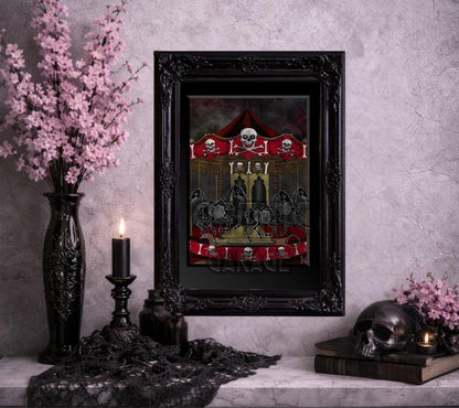 Skeleton Carousel Art Print – Gothic Dark Carnival Wall Decor with Skull Horses