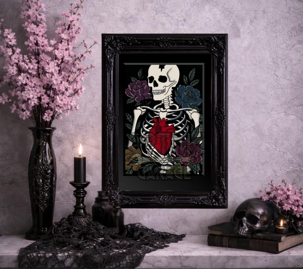 Skeleton Heart Art Print – Gothic Anatomical Wall Art with Dark Florals