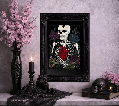 Skeleton Heart Art Print – Gothic Anatomical Wall Art with Dark Florals