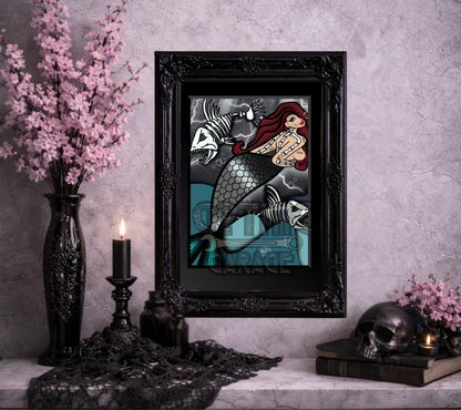 Skeleton Mermaid Art Print – Gothic Siren Wall Decor, Dead Sea Fantasy Horror, 8x6 or 11x14