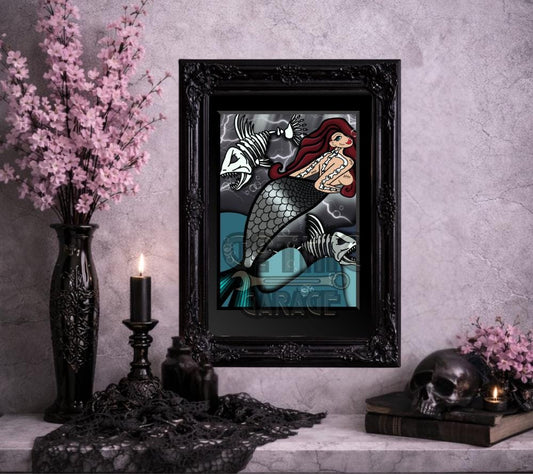 Skeleton Mermaid Art Print – Gothic Siren Wall Decor, Dead Sea Fantasy Horror, 8x6 or 11x14
