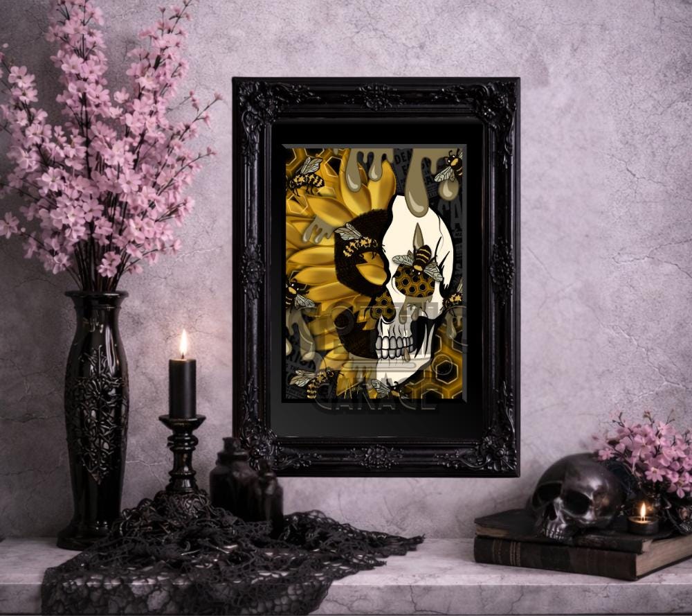 Sunflower Hive Skull Art Print – Gothic Bee & Honeycomb Wall Decor for Alternative Home or Gallery