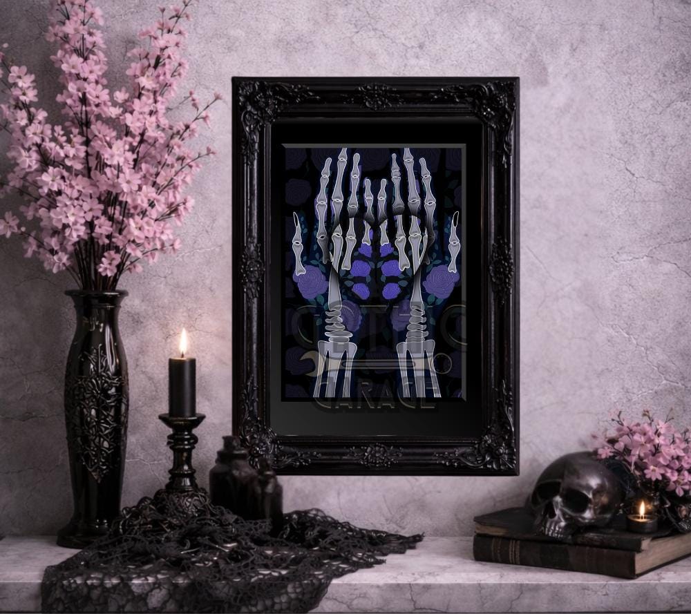 X-Ray Skeleton Hands with Purple Roses Art Print – Gothic Anatomy Wall Art | Dark Floral & Romantic Medical Illustration