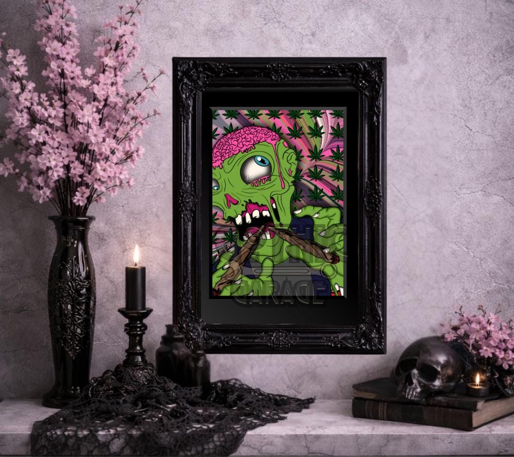 Zombie Stoner Wall Art – Trippy Weed Decor, Horror Cannabis Poster, 8x6 or 11x14