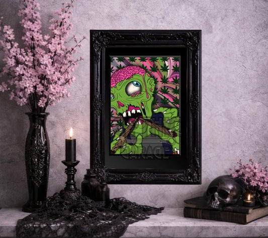 Zombie Stoner Wall Art – Trippy Weed Decor, Horror Cannabis Poster, 8x6 or 11x14
