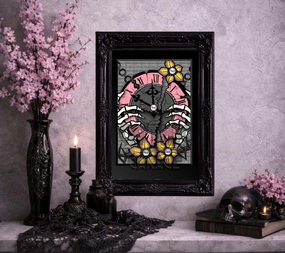 Gothic Broken Clock Art Print – Skeleton Hands & Dark Floral Wall Decor, 8×6 or 11×14 Matted